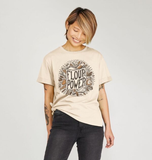 Woman wearing the Organic Cotton "Flour Power" Relaxed Tee in Oat Color