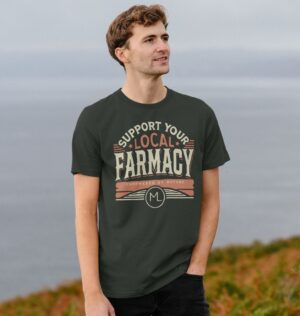 man wearing the Men's Organic Cotton Support Your Local Farmacy Shirt in Dark Grey