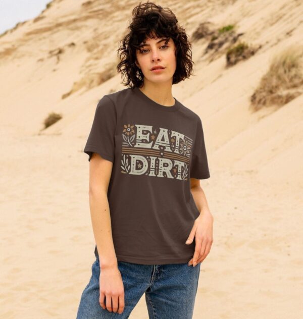 woman on beach wearing the Eat Dirt Organic Cotton Classic Women's Tee in Chocolate Color