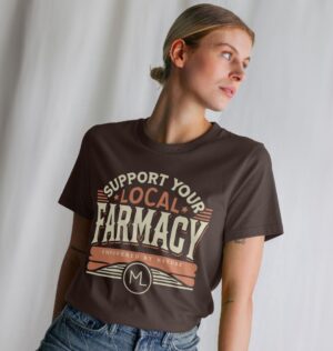 Woman wearing the Support Your Local Farmacy Classic Tee in Chocolate Color