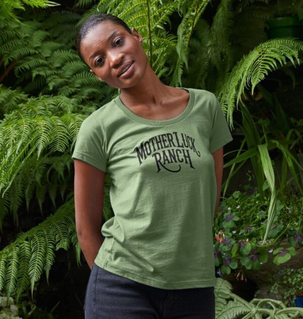 Woman wearing the Organic Cotton Old West MLR Scoop Neck Tee in Mustard