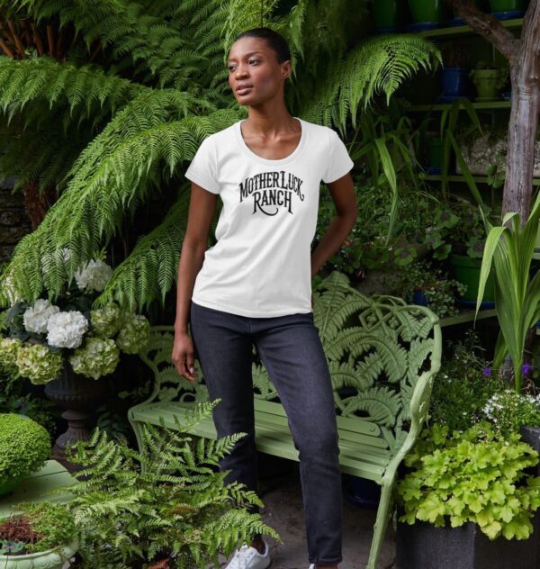 Woman wearing the Organic Cotton Old West MLR Scoop Neck Tee in White