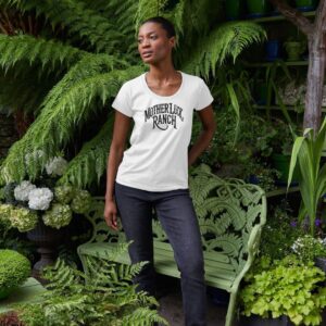 Woman wearing the Organic Cotton Old West MLR Scoop Neck Tee in White