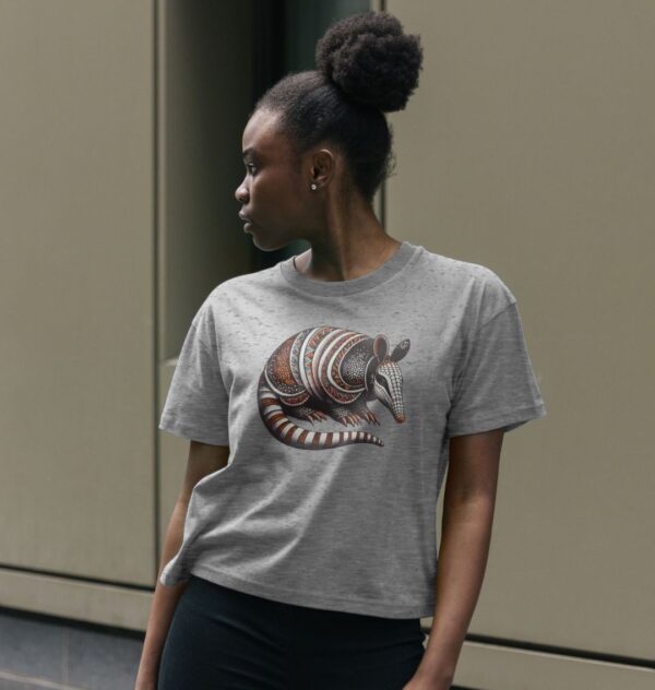 Woman wearing the Women's Banded Armadillo Organic Cotton Boxy Tee