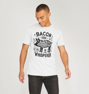 Man wearing the Men's Bacon Whisperer Organic Cotton T-Shirt in White