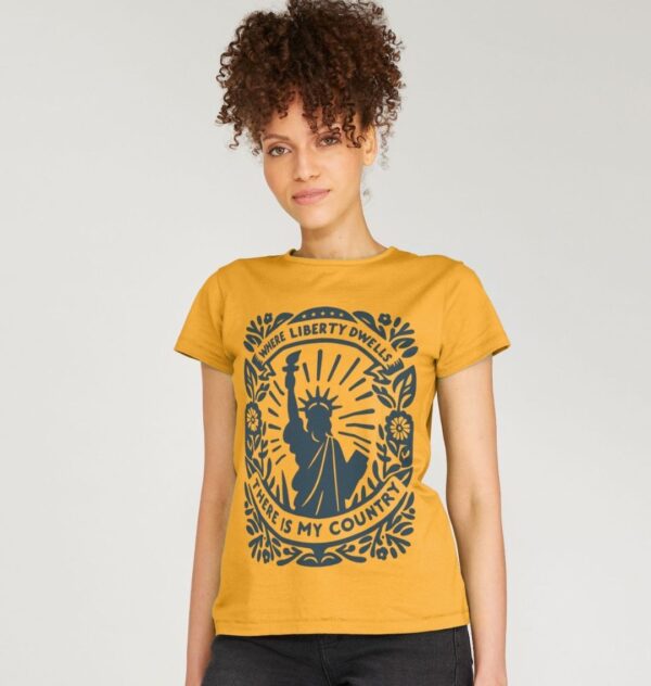 Woman wearing the Mustard Yellow Organic Cotton T-Shirt "Where Liberty Dwells There Is My Country" Benjamin Franklin Quote