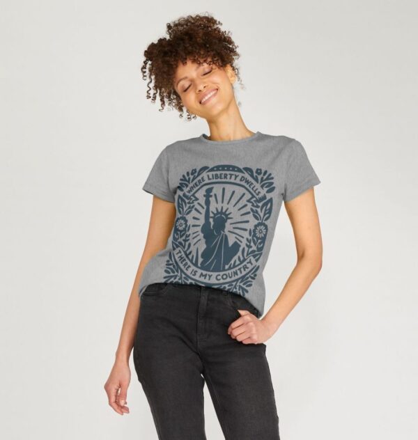 Woman wearing the Athletic Grey Organic Cotton T-Shirt "Where Liberty Dwells There Is My Country" Benjamin Franklin Quote