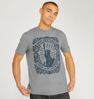 Man wearing the Athletic Grey Organic Cotton T-Shirt "Where Liberty Dwells There Is My Country" Benjamin Franklin Quote