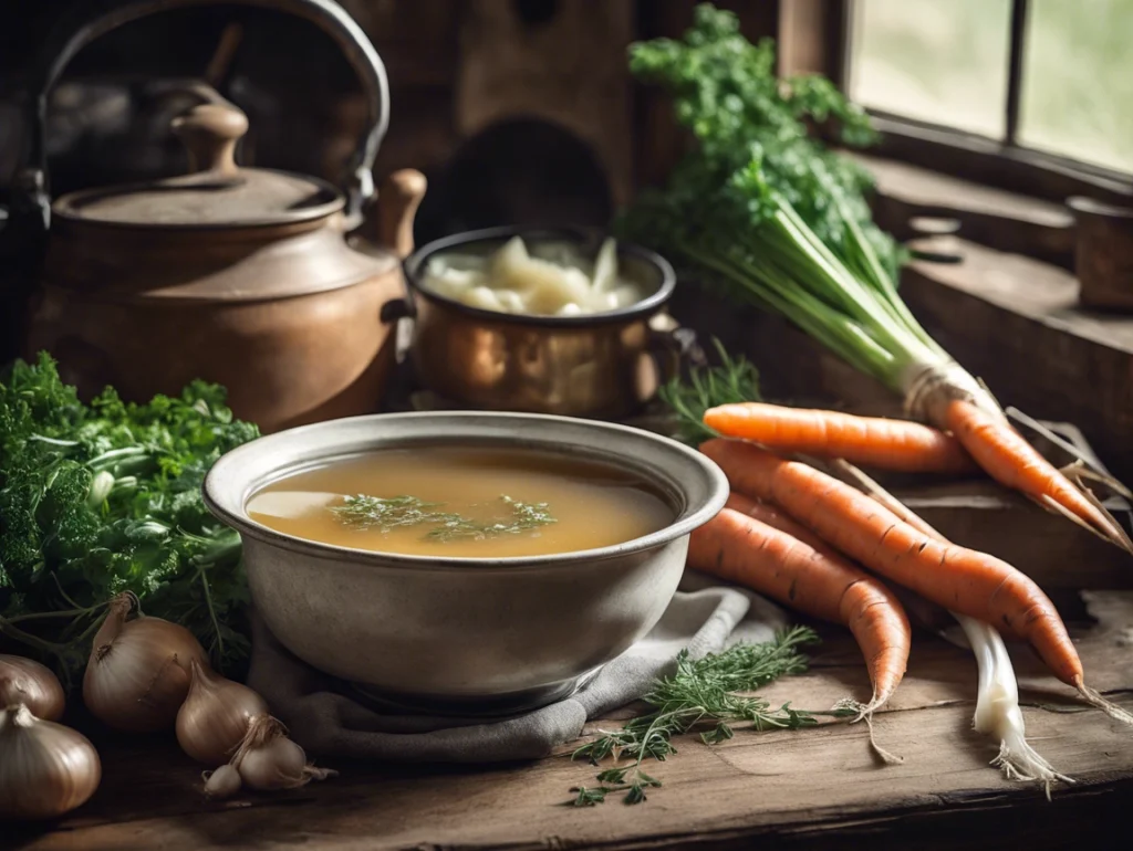 Bowl of beef bone broth on kitchen counter with vegetables and herbs