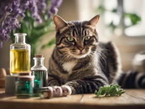 Cat sitting with essential oil jars