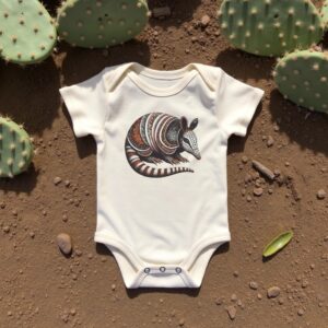 Organic cotton baby onesie with illustration of a banded armadillo in folk art style. Onesie is in dirt below a prickly pear cactus.