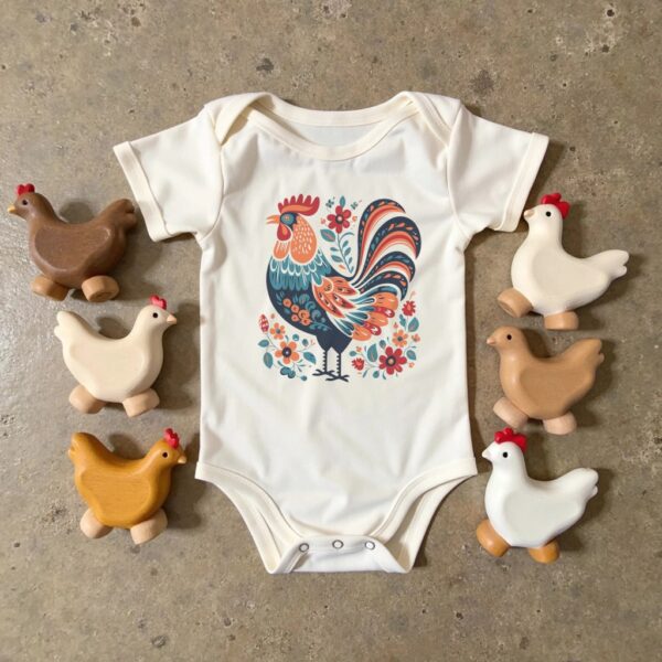 organic cotton baby onesie with illustration of a colorful folk-art rooster