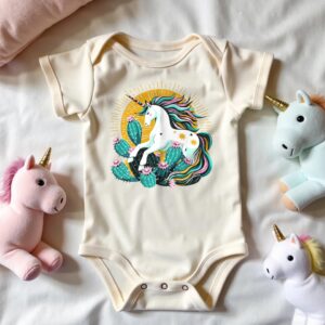 Hill Country Unicorn organic cotton baby onesie showing an illustration of a unicorn in front of a sun and a prickly pear cactus. The onesie is on a bed with 3 unicorn stuffies.