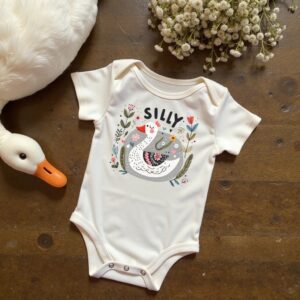 baby onesie with word Silly and cute illustration of a goose