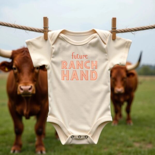 Organic cotton baby onesie featuring text: "Future Ranch Hand." Onesie is hanging on a clothesline in a pasture with cattle in the background.