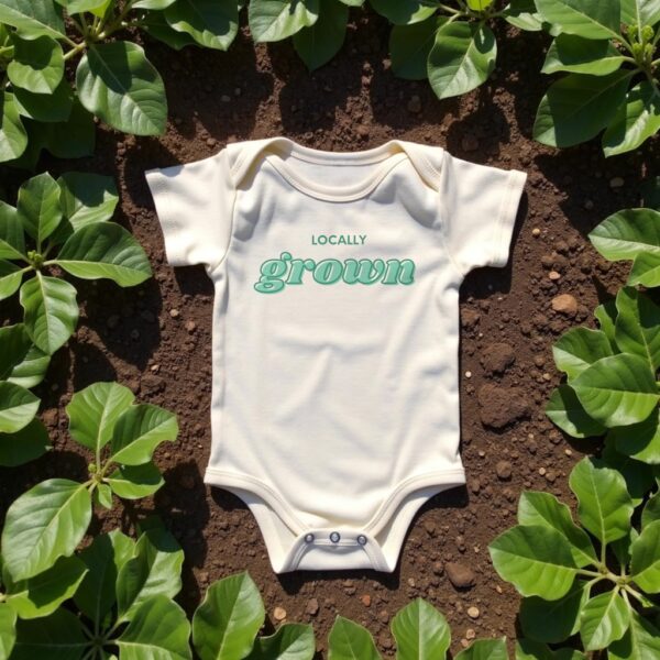 Organic cotton baby onesie with Locally Grown text graphic on dirt in vegetable garden.