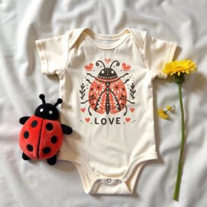 Organic cotton baby onesie with folk-art inspired illustration of a ladybug with text "Love" underneath it. Onesie is on a bed with a ladybug stuffy and a few dandelions.