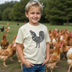 boy wearing natural organic cotton t-shirt with grey folk rooster image standing in front of chickens