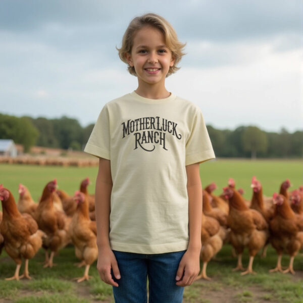 Boy wearing a natural color organic cotton t-shirt that says "Mother Luck Ranch" in an old west font. He is standing in front of chickens.