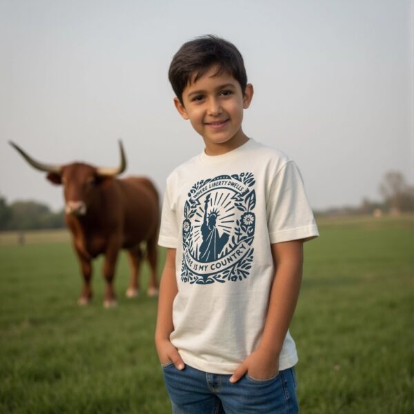 boy wearing the "Where Liberty Dwells" organic cotton t-shirt in natural color featuring the Statue of Liberty