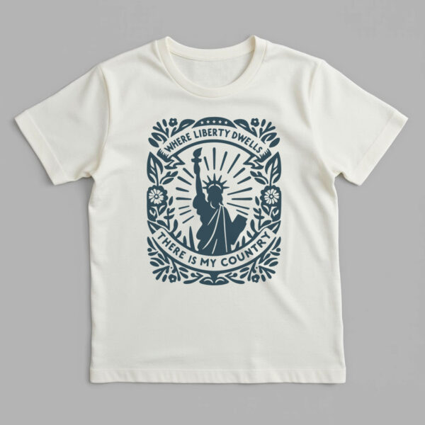 the "Where Liberty Dwells" organic cotton t-shirt in natural color featuring the Statue of Liberty