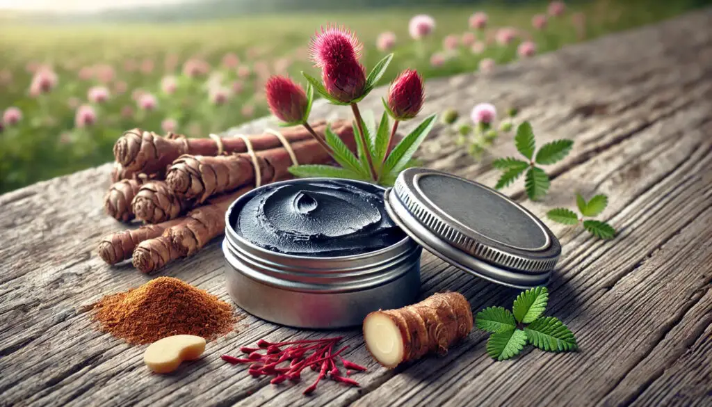 black salve on table with various ingredients