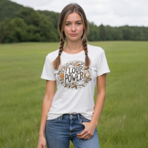 woman with braids wearing white t-shirt with "Flour Power" graphic