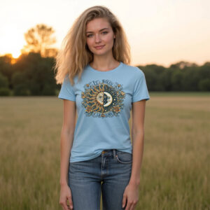 woman wearing the sky blue scoop neck tee with the "Le Soleil La Luna" sun and moon graphic