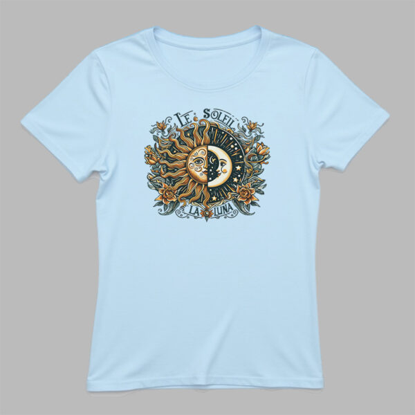 "Le Soleil La Luna" sun and moon graphic on sky blue women's t-shirt in organic cotton