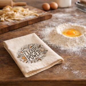 organic cotton dish towel in natural color with In Flour Power design folded on table with homemade pasta