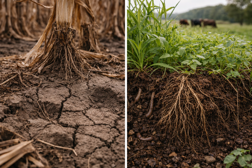 close up of monocropped soil vs regeneratively managed soil
