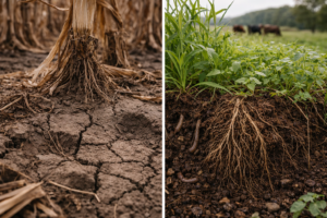 Home 5 close up of monocropped soil vs regeneratively managed soil