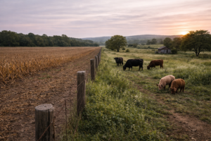 Home 6 a side-by-side comparison of a corn field with dead soil and green pasture on the other side of the fence with cattle and pigs