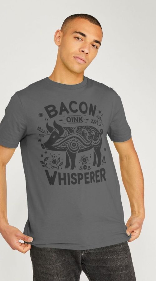 Man wearing the Men's Bacon Whisperer Organic Cotton T-Shirt in Slate Grey
