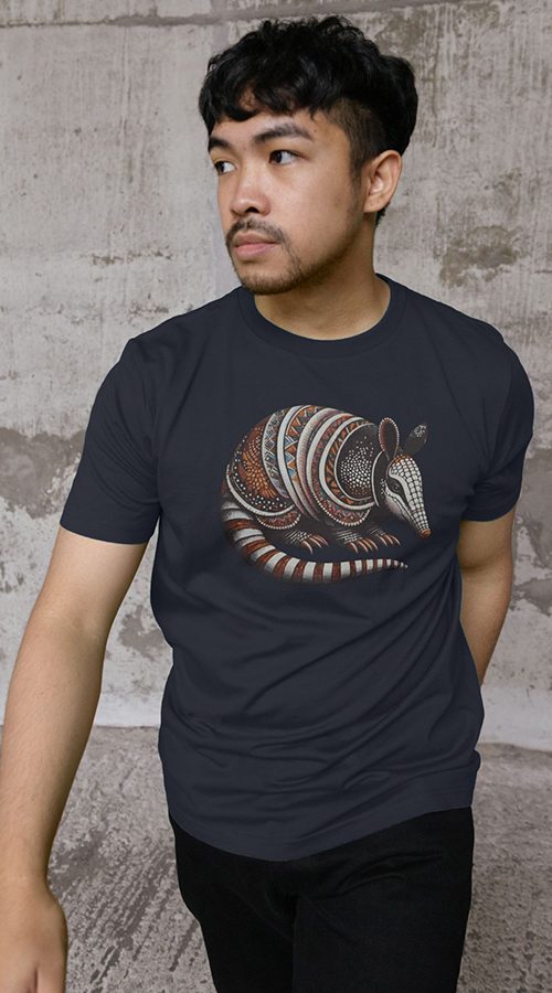 man wearing organic cotton banded armadillo t-shirt