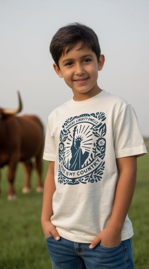 boy wearing the "Where Liberty Dwells" organic cotton t-shirt in natural color featuring the Statue of Liberty